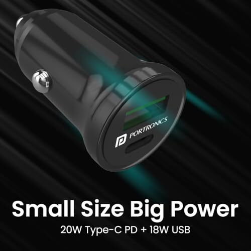 Portronics 38W Dual Output Fast Car Charger With 20W Type-C Pd & 18W Usb, Compact Size, Charging Adapter Compatible With Cars For Iphone & Android Smartphone, Smartwatch, Earbud, Power Bank (Black)