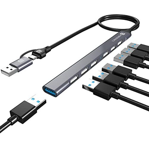 Portronics Mport 7 Usb Hub (7-In-2), Multiport Adapter With Dual Convertible Usb & Type C Heads, Upto 5 Gbps Data Transfer Speed, 1 X Usb 3.0 & 6 X Usb 2.0 Ports For Laptop, Macbook, Pc (Grey)