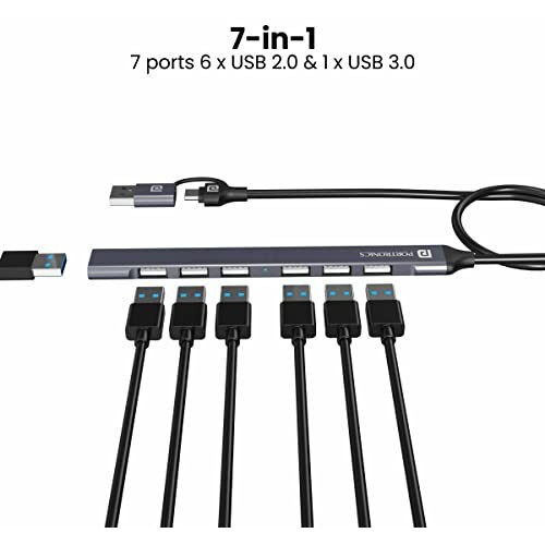 Portronics Mport 7 Usb Hub (7-In-2), Multiport Adapter With Dual Convertible Usb & Type C Heads, Upto 5 Gbps Data Transfer Speed, 1 X Usb 3.0 & 6 X Usb 2.0 Ports For Laptop, Macbook, Pc (Grey)