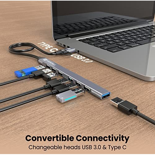 Portronics Mport 7 Usb Hub (7-In-2), Multiport Adapter With Dual Convertible Usb & Type C Heads, Upto 5 Gbps Data Transfer Speed, 1 X Usb 3.0 & 6 X Usb 2.0 Ports For Laptop, Macbook, Pc (Grey)