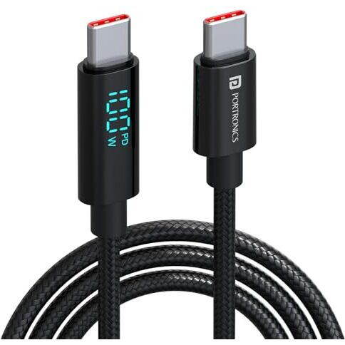 Portronics Konnect View 100W Type C To Type C Cable With Led Display With 5A Max Output, Fast Data Sync, 1.2M Length, Tangle Resistance Supports Laptop Charging(Black)