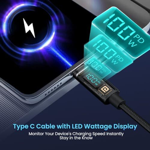 Portronics Konnect View 100W Type C To Type C Cable With Led Display With 5A Max Output, Fast Data Sync, 1.2M Length, Tangle Resistance Supports Laptop Charging(Black)