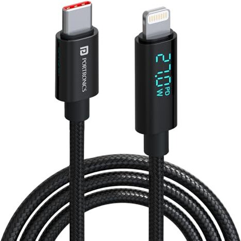 Portronics Konnect View 3A 27W Futuristic Type C To 8 Pin Unbreakable Nylon Braided Fast Charging Cable With Real Time Monitoring Led Display, Fast Data Sync, Support All Lighting Devices 1.2M Length