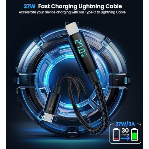 Portronics Konnect View 3A 27W Futuristic Type C To 8 Pin Unbreakable Nylon Braided Fast Charging Cable With Real Time Monitoring Led Display, Fast Data Sync, Support All Lighting Devices 1.2M Length