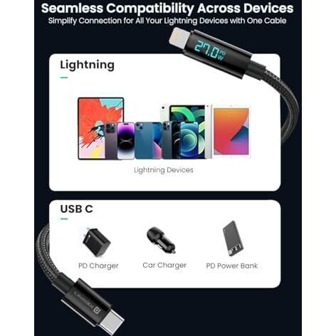 Portronics Konnect View 3A 27W Futuristic Type C To 8 Pin Unbreakable Nylon Braided Fast Charging Cable With Real Time Monitoring Led Display, Fast Data Sync, Support All Lighting Devices 1.2M Length