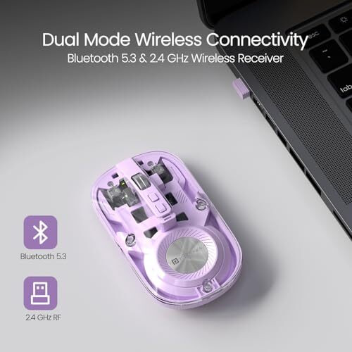 Portronics Toad 8 Transparent Wireless Bluetooth Mouse With Dual Wireless (Bt + 2.4 Ghz), Rechargeable Battery, Noise-Free Clicking, Show/Hide Desktop, Multi-Device Pair, Adjust Sensitivity (Purple)