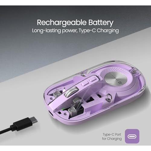 Portronics Toad 8 Transparent Wireless Bluetooth Mouse With Dual Wireless (Bt + 2.4 Ghz), Rechargeable Battery, Noise-Free Clicking, Show/Hide Desktop, Multi-Device Pair, Adjust Sensitivity (Purple)