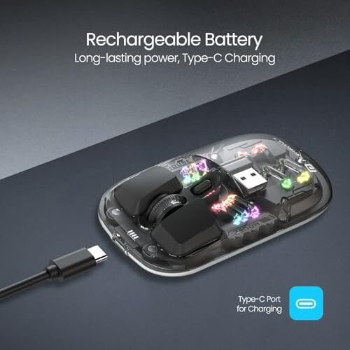 Portronics Toad 5 Transparent Bluetooth Mouse With 2.4 Ghz & Bt 5.3 Dual Wireless, Rechargeable, Rgb Lights, Connect 3 Devices, Sleek Design For Laptop, Smartphone, Tablet (Black)