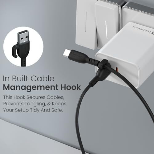Portronics Konnect Core 3 Usb-A To Type C Fast Charging Cable For Smartphones,Tablets, Speakers, Laptops & Other Type C Devices, Inbuilt Cable Management Hook,3.0A Max Output,Fast Data Sync(Black)