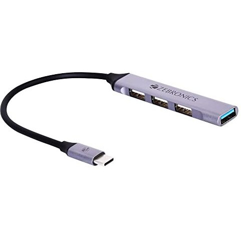 Zebronics Ta200U Type C To Usb 3.0 4 Port Hub With Hi Speed Data Transfer, Aluminum + Abs Body, 15Cm Cable, Sleek Design And Plug Play Usage