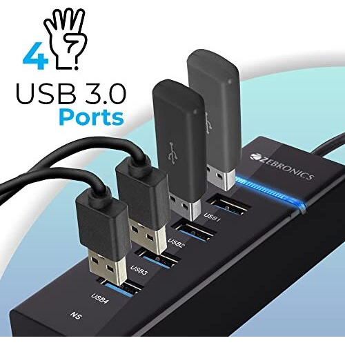 Zebronics 300Hb 4 Port Usb 3.0 Hub With Hi-Speed Data Transfer, Led Indication, 15Cm Cable, Backward Compatible, Multi Device Connection, Plug Play Usage, Glossy Finish And Lightweight Design