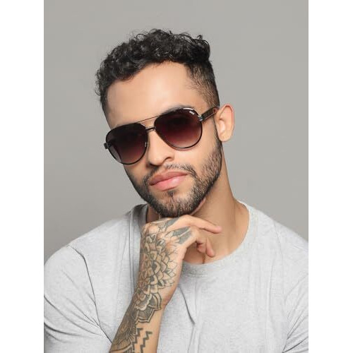 Idee Sunglasses| 100% Uv Protected | Gradient | Full Rim | Pilot | Men | Large | Shiny Dark Gun Alloy Metal Frame | Smoke Gradient Polycarbonate Lens