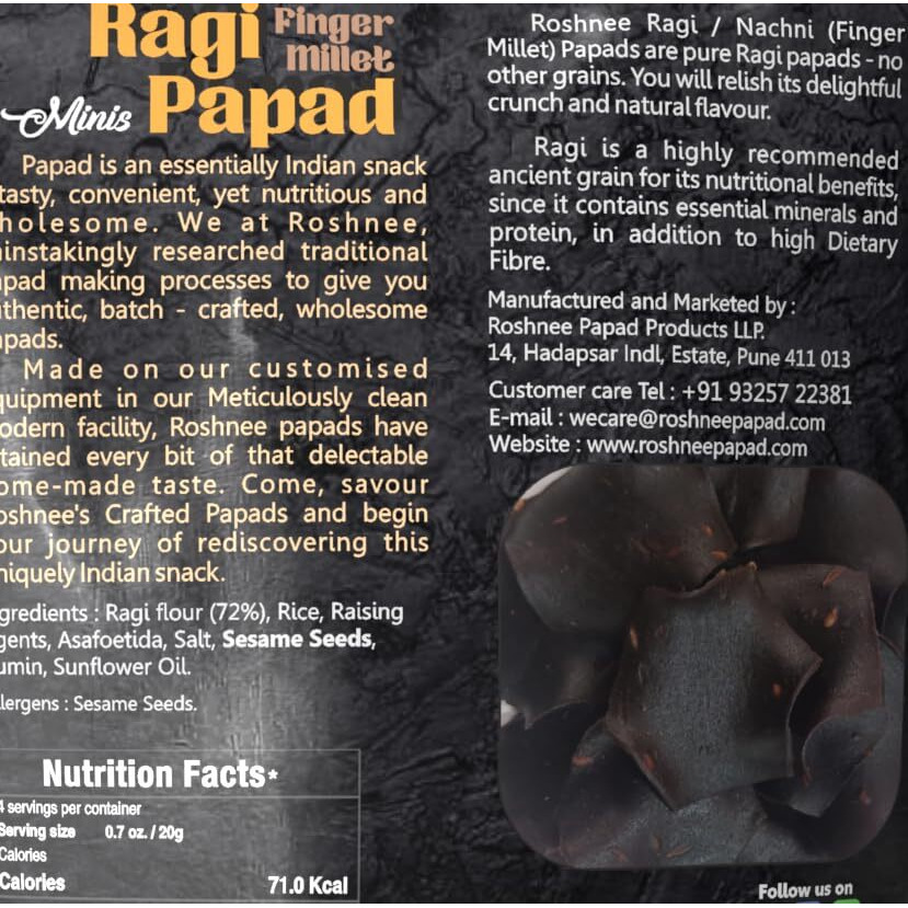 Roshnee Ragi Papads |Set Of 3 - 80 Gm X 3  240Gm | Pure Vegeterian Ragi (Nachani) Mini Papad | No Arifical Flavour,| No Artifical Colors,| Glutten Free,| No Preservatives