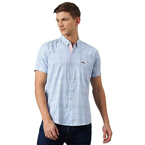 Thomas Scott Men's Checkered Slim Fit 100% Cotton Casual Shirt With Button Down Collar And Half Sleeve Blue