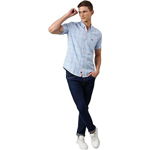 Thomas Scott Men's Checkered Slim Fit 100% Cotton Casual Shirt With Button Down Collar And Half Sleeve Blue
