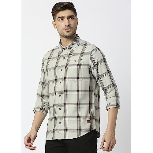 Thomas Scott Mens | Full Sleeve | Checks Printed | Regular Fit | 100% Cotton | Button Down Collar | Casual | Shirt (Light Grey_2Xl)