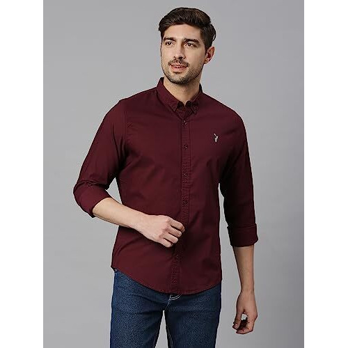 Thomas Scott Mens | Full Sleeve | Solid | Slim Fit | 100% Cotton | Button Down Collar | Shirts (Wine_M)