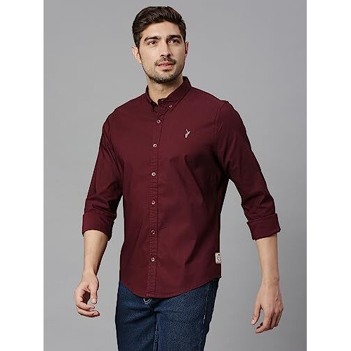 Thomas Scott Mens | Full Sleeve | Solid | Slim Fit | 100% Cotton | Button Down Collar | Shirts (Wine_M)
