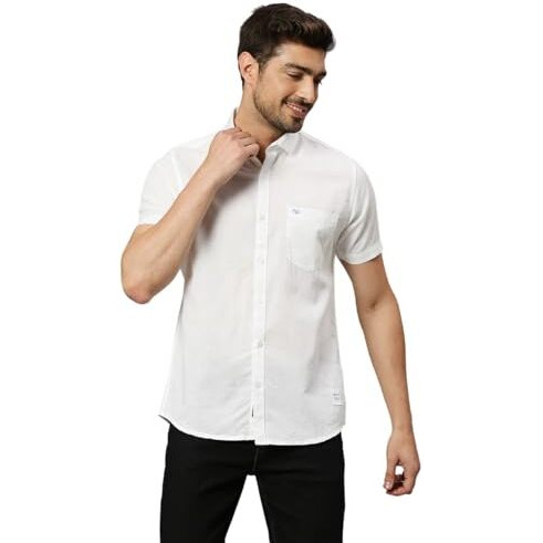 Thomas Scott Mens | Half Sleeve | Solid Plain Color | Slim Fit | Cotton Blend | Spread Collar | Casual | Shirts (White_L)