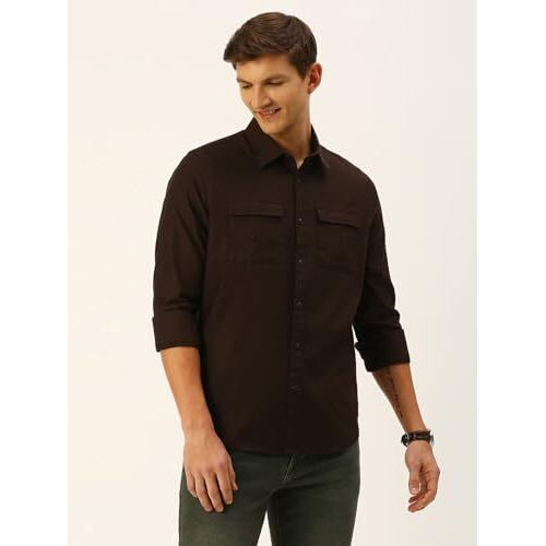 Thomas Scott Mens | Full Sleeve | Solid | Double Pockets | Slim Fit | 100% Cotton | Spread Collar | Casual | Shirt (Coffee_L)