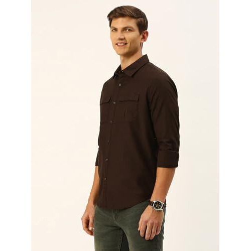 Thomas Scott Mens | Full Sleeve | Solid | Double Pockets | Slim Fit | 100% Cotton | Spread Collar | Casual | Shirt (Coffee_L)