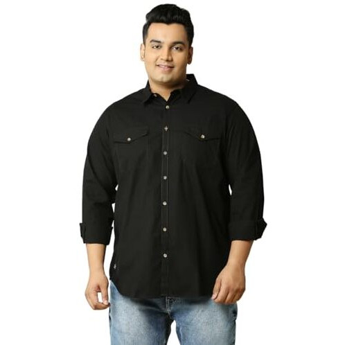 Thomas Scott Mens | Full Sleeve | Solid | Double Pockets | Regular Fit | Plus Size | 100% Cotton | Spread Collar | Casual | Shirts (Black_3Xl)