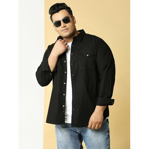Thomas Scott Mens | Full Sleeve | Solid | Double Pockets | Regular Fit | Plus Size | 100% Cotton | Spread Collar | Casual | Shirts (Black_3Xl)