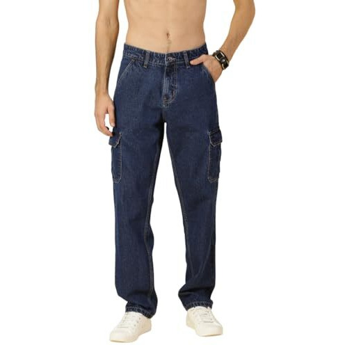 Thomas Scott Men Comfort Relaxed Fit Clean Look Light Fade Pure Cotton Cargo Jeans