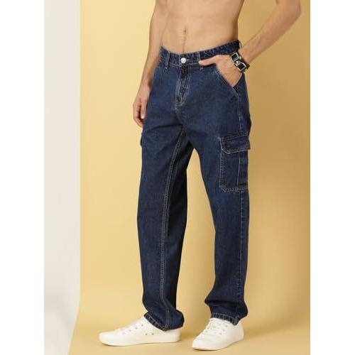 Thomas Scott Men Comfort Relaxed Fit Clean Look Light Fade Pure Cotton Cargo Jeans