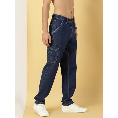Thomas Scott Men Comfort Relaxed Fit Clean Look Light Fade Pure Cotton Cargo Jeans