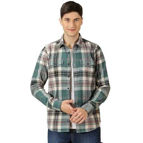 Thomas Scott Men's Double Pocket Full Sleeves Checkered Casual Shirt (Green, Large)