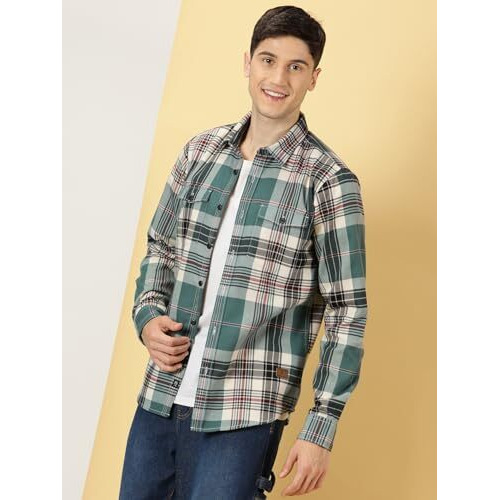Thomas Scott Men's Double Pocket Full Sleeves Checkered Casual Shirt (Green, Large)