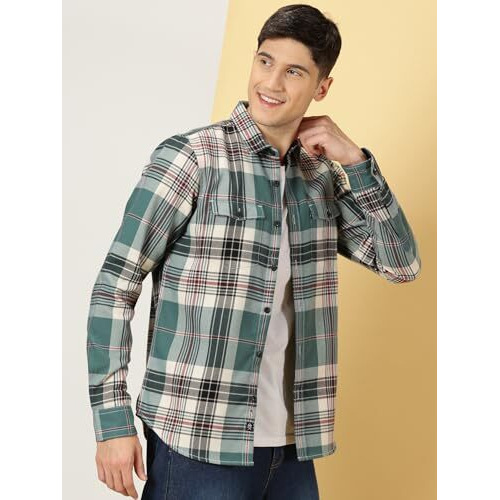 Thomas Scott Men's Double Pocket Full Sleeves Checkered Casual Shirt (Green, Large)