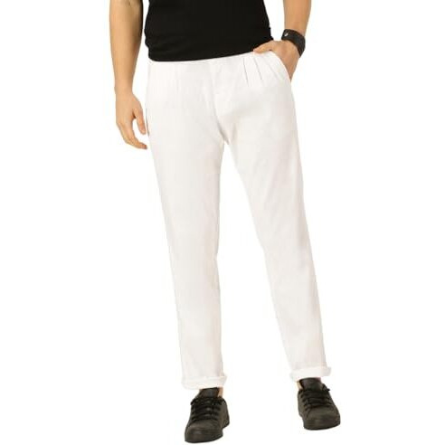 Thomas Scott Men White Pleated Cotton Linen Chinos Trousers (White, 32)
