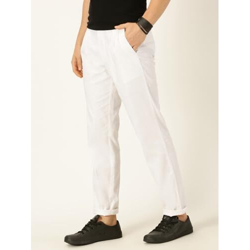 Thomas Scott Men White Pleated Cotton Linen Chinos Trousers (White, 32)