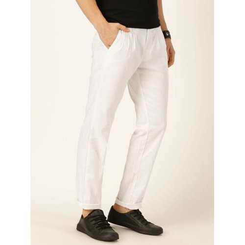 Thomas Scott Men White Pleated Cotton Linen Chinos Trousers (White, 32)