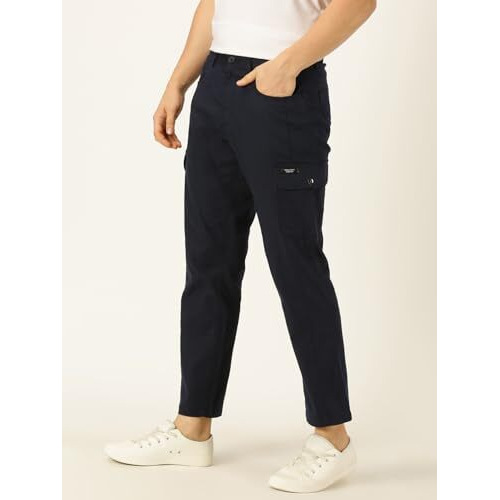 Thomas Scott Men Navy Smart Slim Fit Cotton Linen Cargo Trousers (Navy, 34)