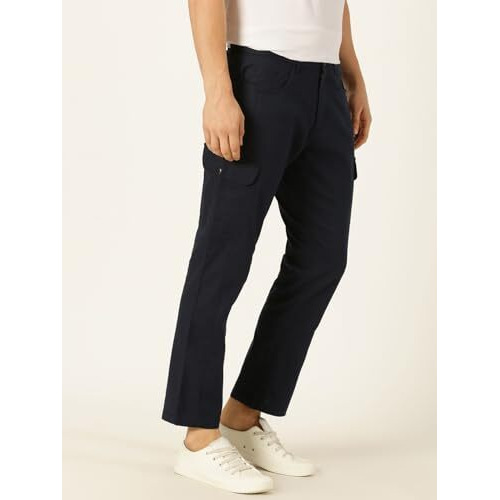 Thomas Scott Men Navy Smart Slim Fit Cotton Linen Cargo Trousers (Navy, 34)