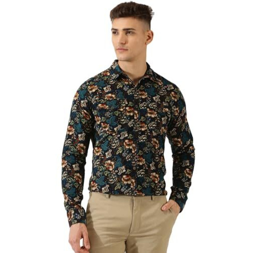 Thomas Scott Men Slim Fit Pure Cotton Corduroy Floral Printed Semi-Formal Shirt (Navy, Xl)