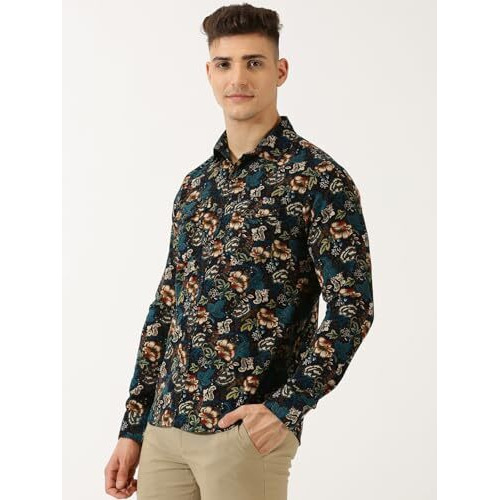 Thomas Scott Men Slim Fit Pure Cotton Corduroy Floral Printed Semi-Formal Shirt (Navy, Xl)