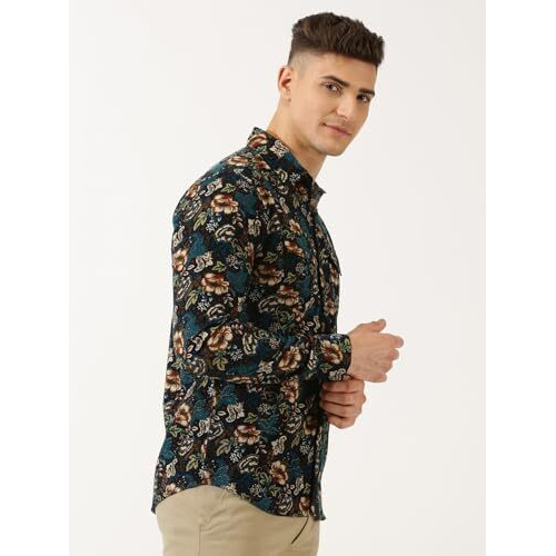 Thomas Scott Men Slim Fit Pure Cotton Corduroy Floral Printed Semi-Formal Shirt (Navy, Xl)