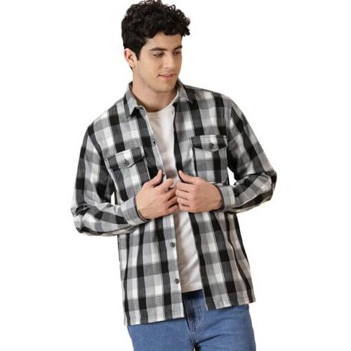Thomas Scott Men Black Classic Tartan Checked Spread Collar Long Sleeves Shacket (Black, L)