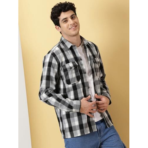 Thomas Scott Men Black Classic Tartan Checked Spread Collar Long Sleeves Shacket (Black, L)