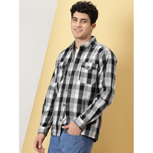 Thomas Scott Men Black Classic Tartan Checked Spread Collar Long Sleeves Shacket (Black, L)