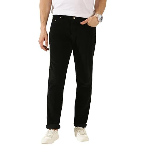 Thomas Scott Men Black Mid Rise Slim Fit Corduroy Chino Pants (Black, 38)