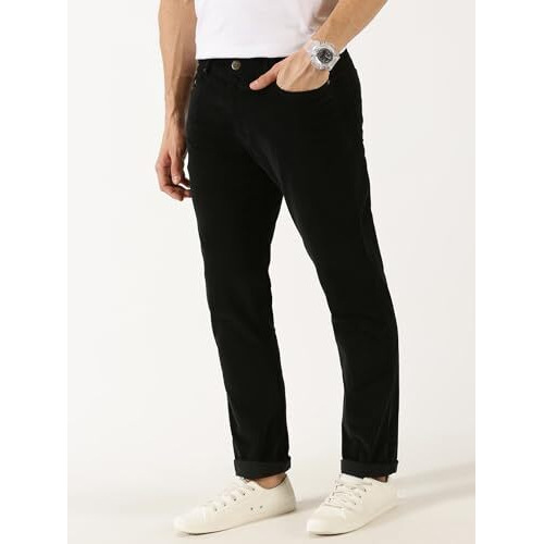 Thomas Scott Men Black Mid Rise Slim Fit Corduroy Chino Pants (Black, 38)
