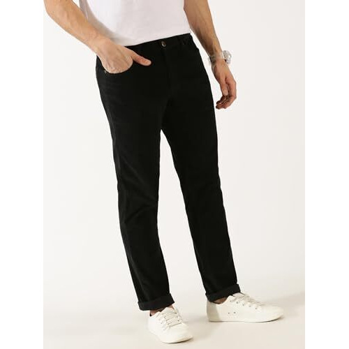 Thomas Scott Men Black Mid Rise Slim Fit Corduroy Chino Pants (Black, 38)