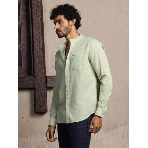 Thomas Scott 100% Cotton Linen Mandarin Collar Roll Up Sleeve Casual Shirts For Mens Pista