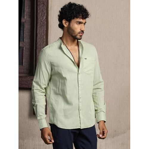 Thomas Scott 100% Cotton Linen Mandarin Collar Roll Up Sleeve Casual Shirts For Mens Pista