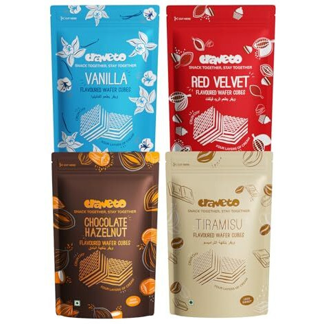 Craveto Assorted Wafer Cubes Pack Of 4 | 300G (4 X 75G) | Chocolate Hazelnut, Vanilla, Red Velvet & Tiramisu Flavours | Crunchy Wafer Biscuit Qubz | Bite Sized Sweet Treats